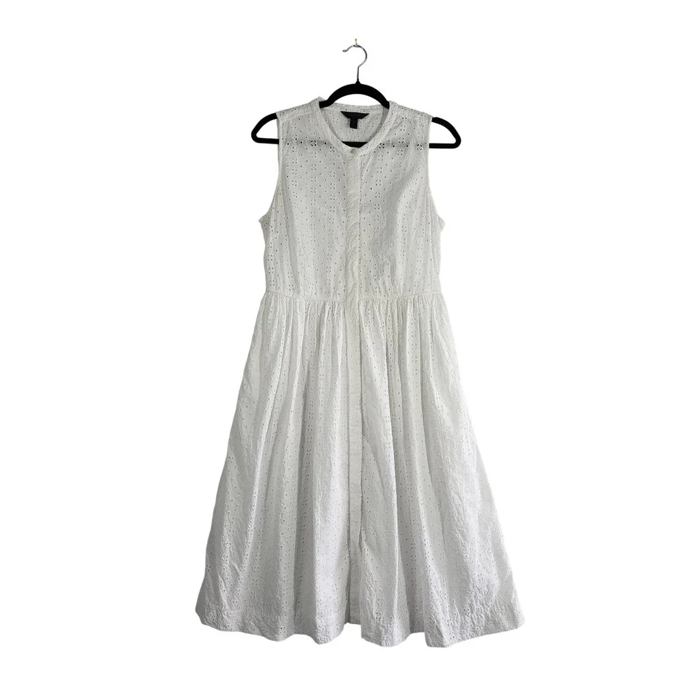 J Crew White Eyelet Cotton Sleeveless Button Front Midi Dress Cottagecore 10